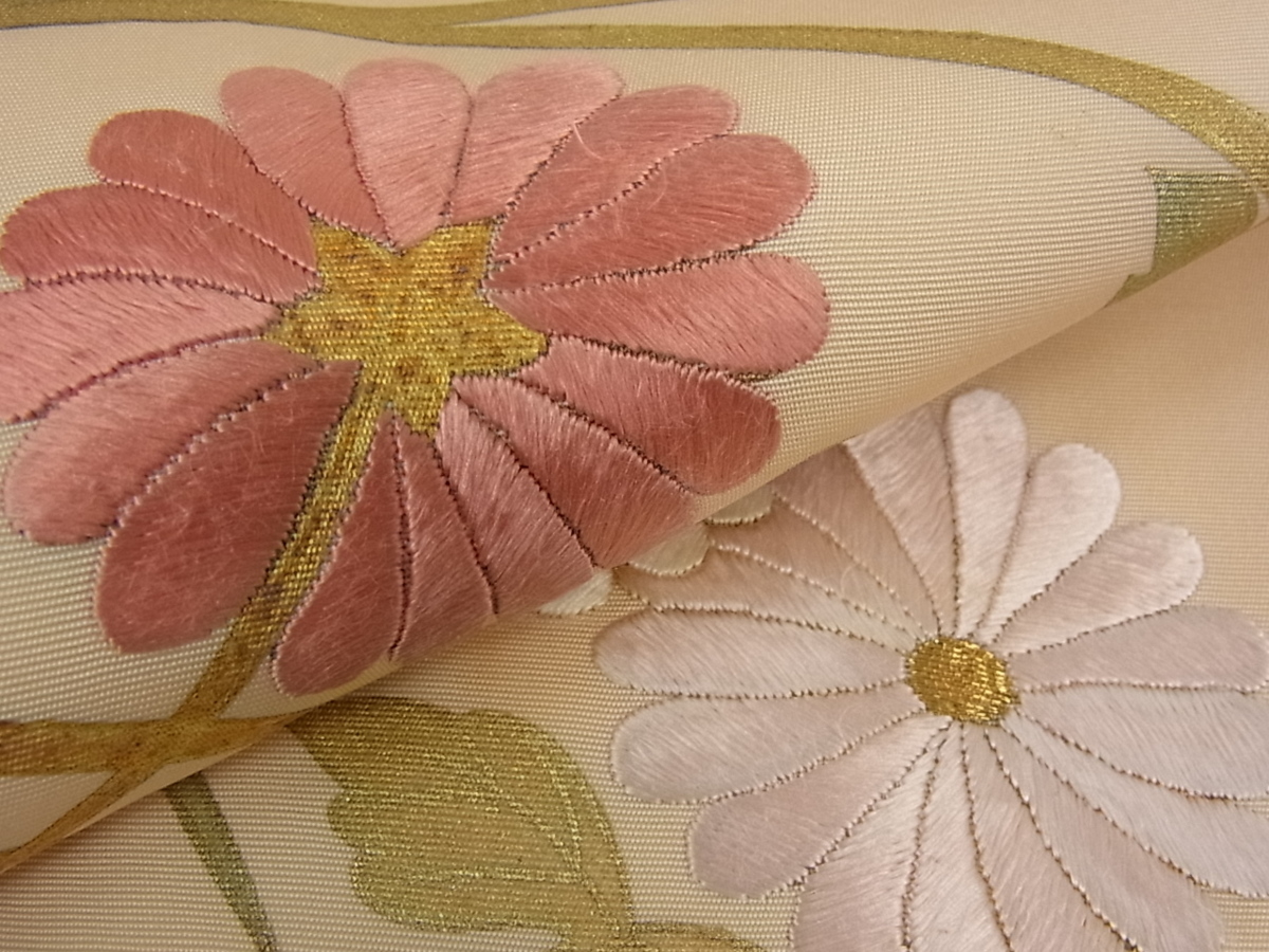 洒落袋帯 青系 紬地 抽象花 刺繍 単衣用 正絹 正絹紬 濃