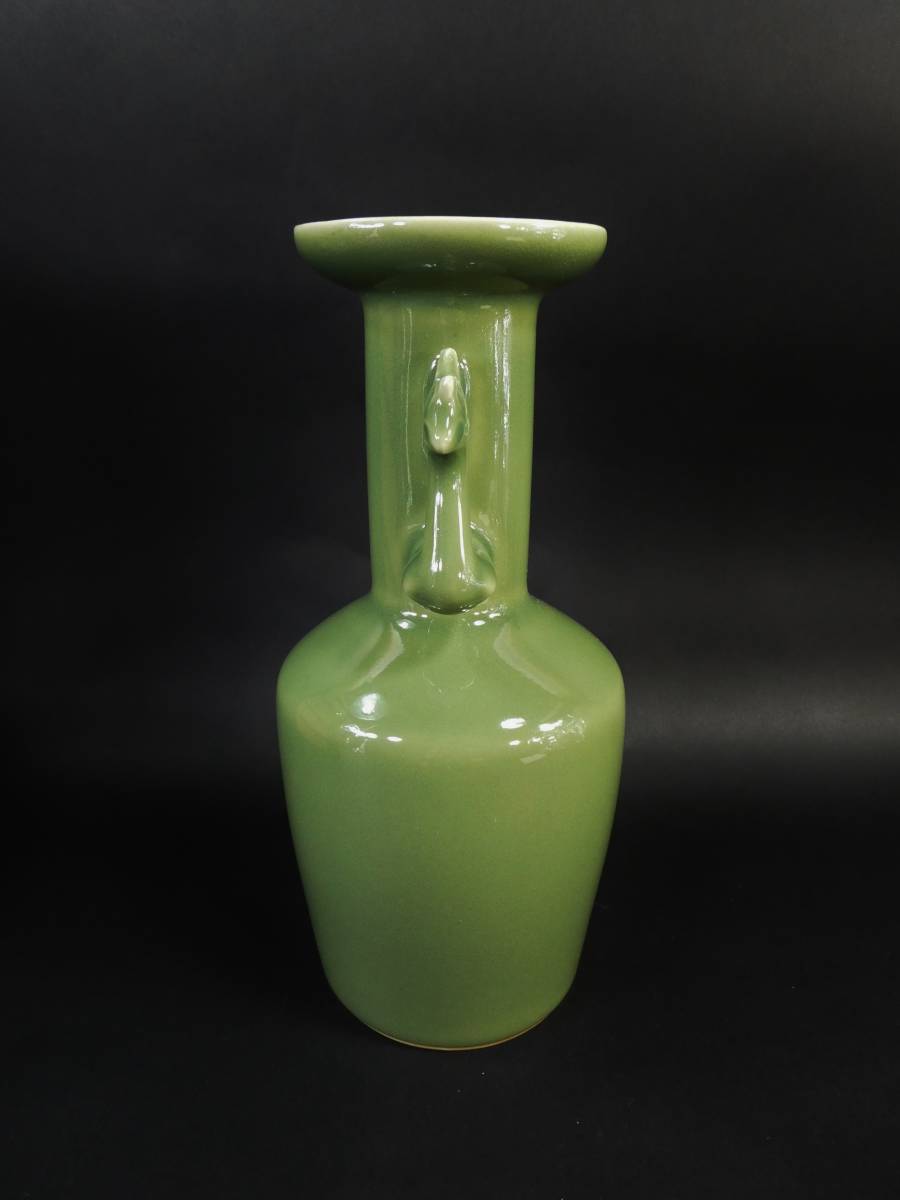 平安 松本石亭造 (白川) 青磁鳳凰耳 花瓶 21.7cm 美品 共箱 京焼 /検