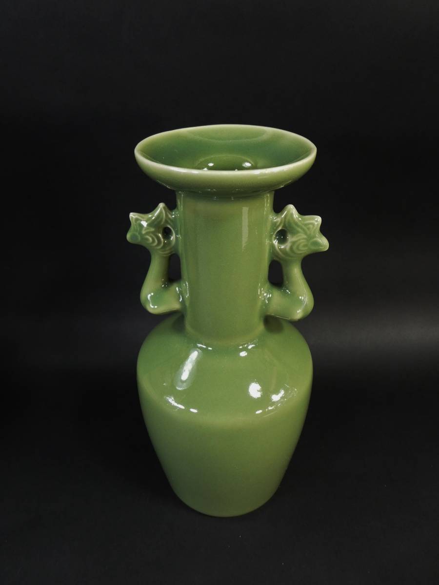 平安 松本石亭造 (白川) 青磁鳳凰耳 花瓶 21.7cm 美品 共箱 京焼 /検