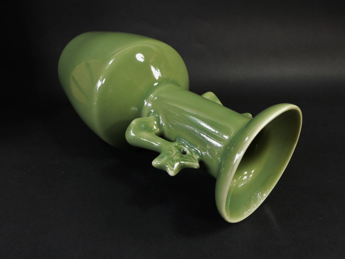 平安 松本石亭造 (白川) 青磁鳳凰耳 花瓶 21.7cm 美品 共箱 京焼 /検