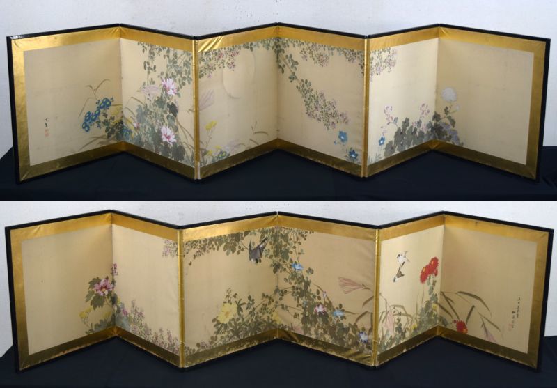 小竹美術】真贋不明□蠣崎波響「花鳥図」紙本彩色六曲一双屏風・木箱付 