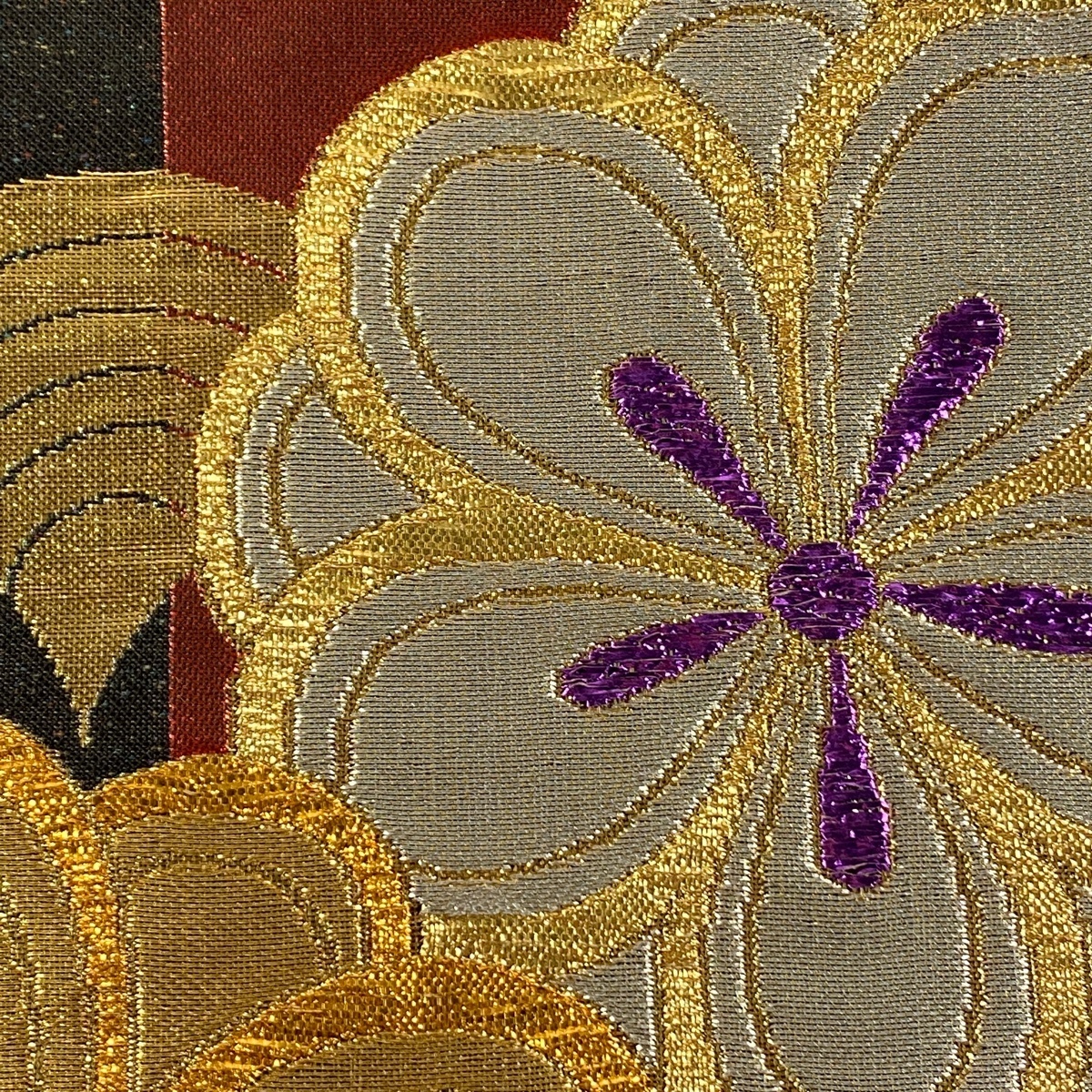 袋帯 秀品 六通 金銀糸 美品 正絹 中古 箔 枝梅 刺繍 花