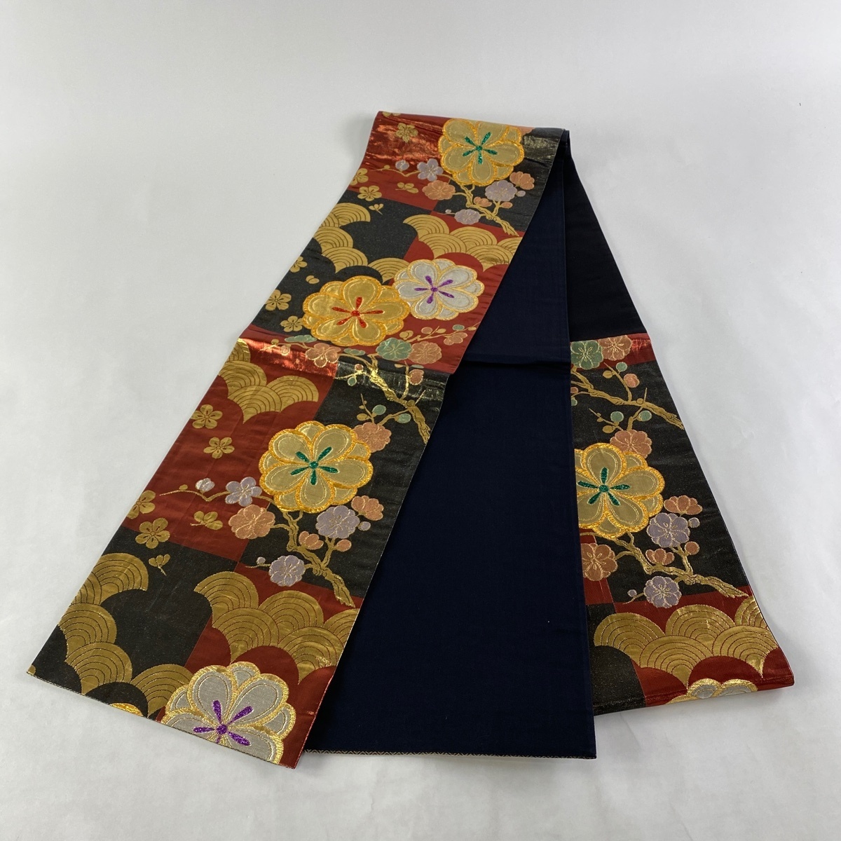 袋帯 秀品 六通 金銀糸 美品 正絹 中古 箔 枝梅 刺繍 花
