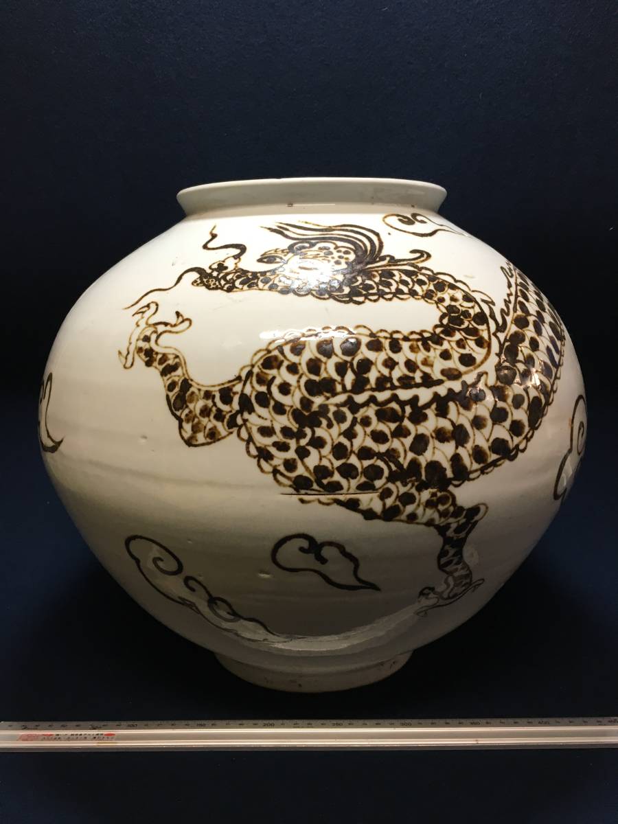大型 李朝 壺 壷 花器 花瓶 瓶 白磁 鉄砂 鉄油柄 龍柄 植物柄 鉄絵