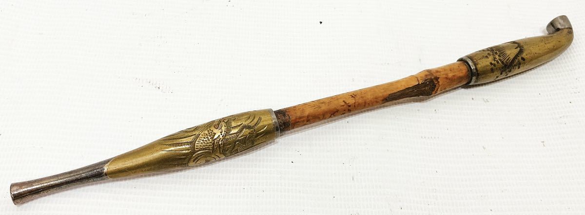 煙管 パイプ キセル 治時代喫煙具 金象嵌 渦龍彫煙管☆(検索:キセル