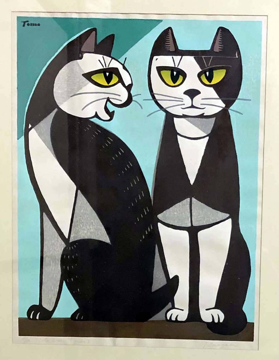 稲垣知雄 木版画 「Cats a-un (green)」 稲垣知雄 | 木版画 (Cat 「猫と