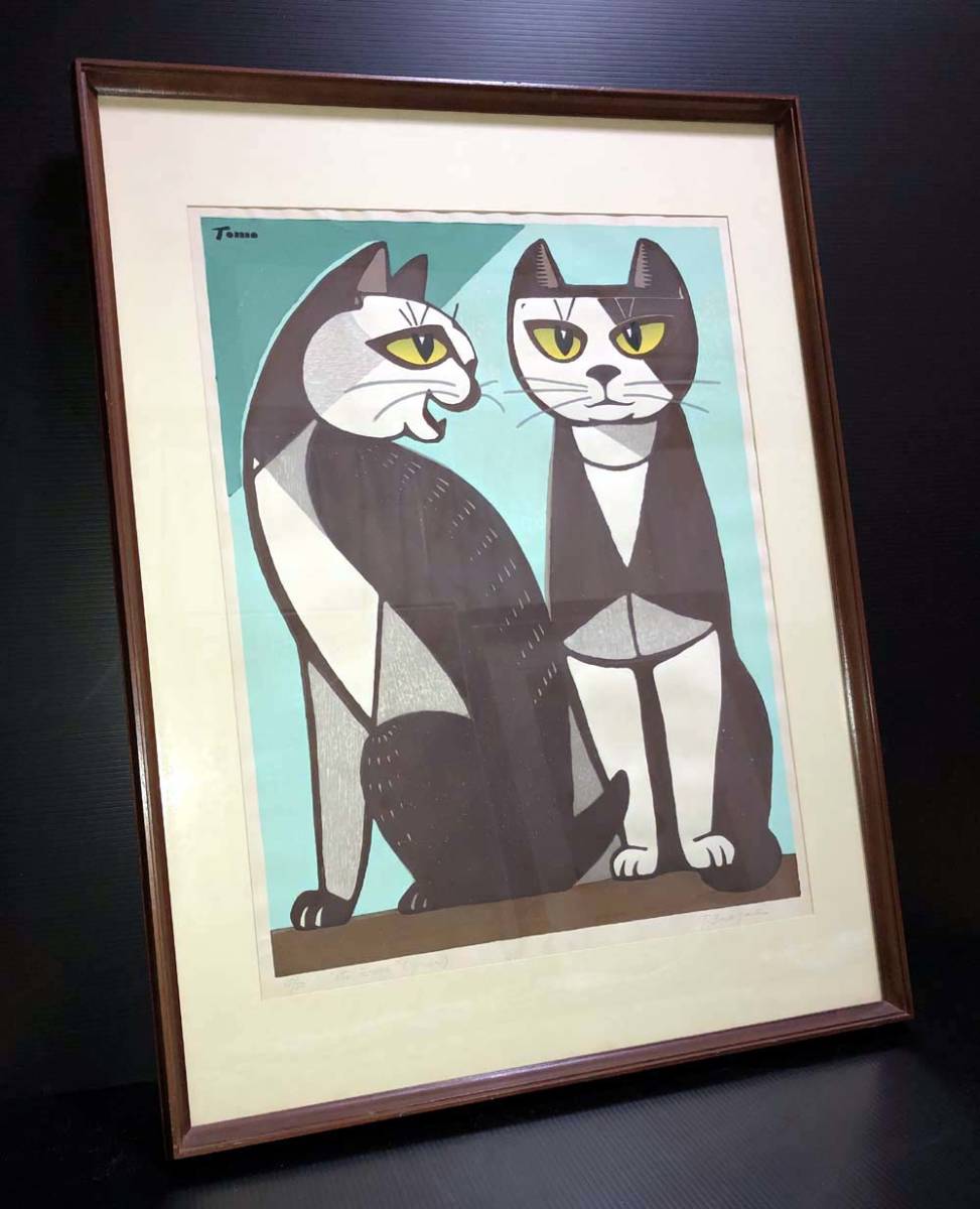 稲垣知雄 木版画 「Cats a-un (green)」 稲垣知雄 | 木版画 (Cat 「猫と