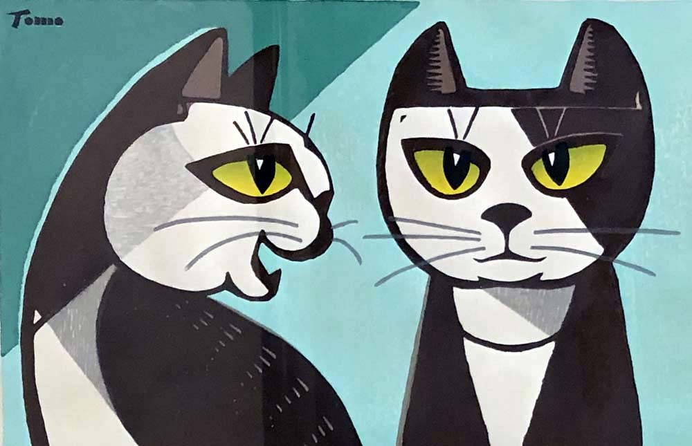 稲垣知雄 木版画 「Cats a-un (green)」 稲垣知雄 | 木版画 (Cat 「猫と