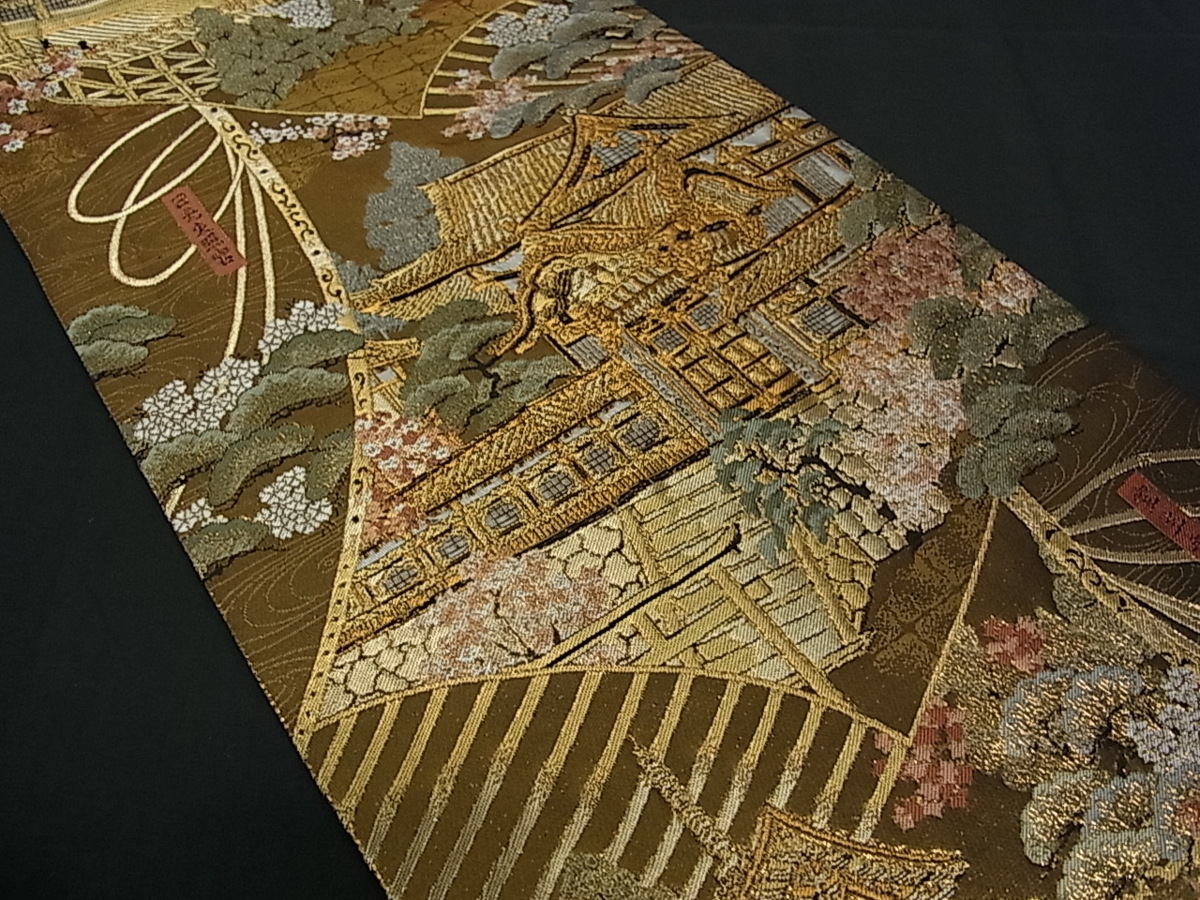 平和屋着物□全通太鼓柄袋帯 唐織 日本名所絵 大和百景 九百錦本金箔 