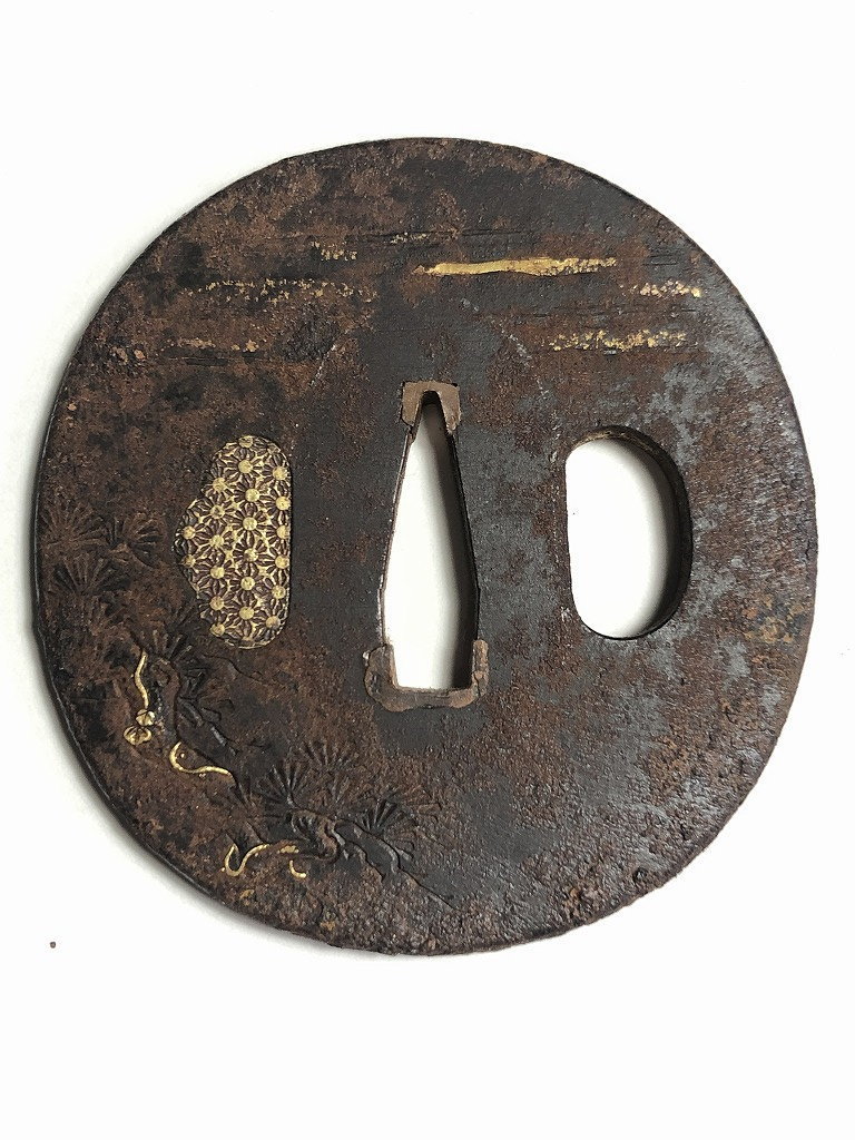 鉄鍔 刀装具 武具 古美術 象嵌 時代物 鍔 因州住 正吉 時代物 （検索）鉄鍔 象嵌 武具 刀装具 xvpbvx