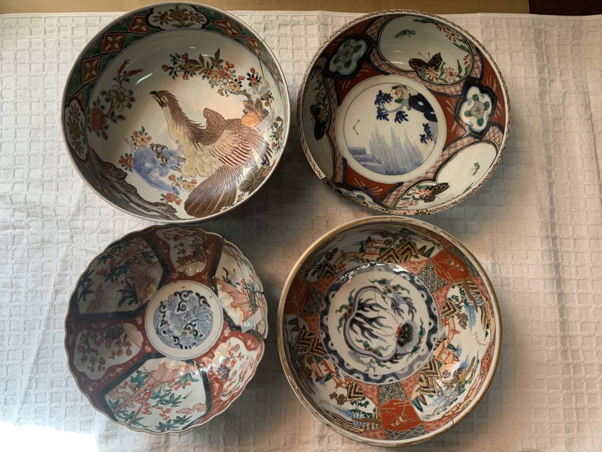 古伊万里 色絵 飾り皿 鉢 飾皿 有田焼 割れている 4つまとめ売り 骨董