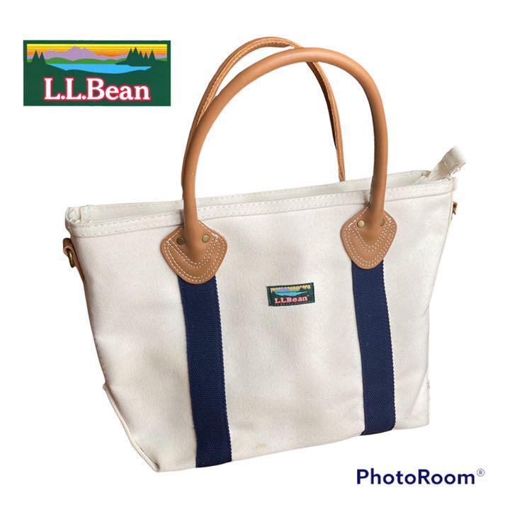 人気！L.L.Bean エルエルビーン　レザーハンドル カタディントート キャンバス　ホワイトネイビー　ミディアム