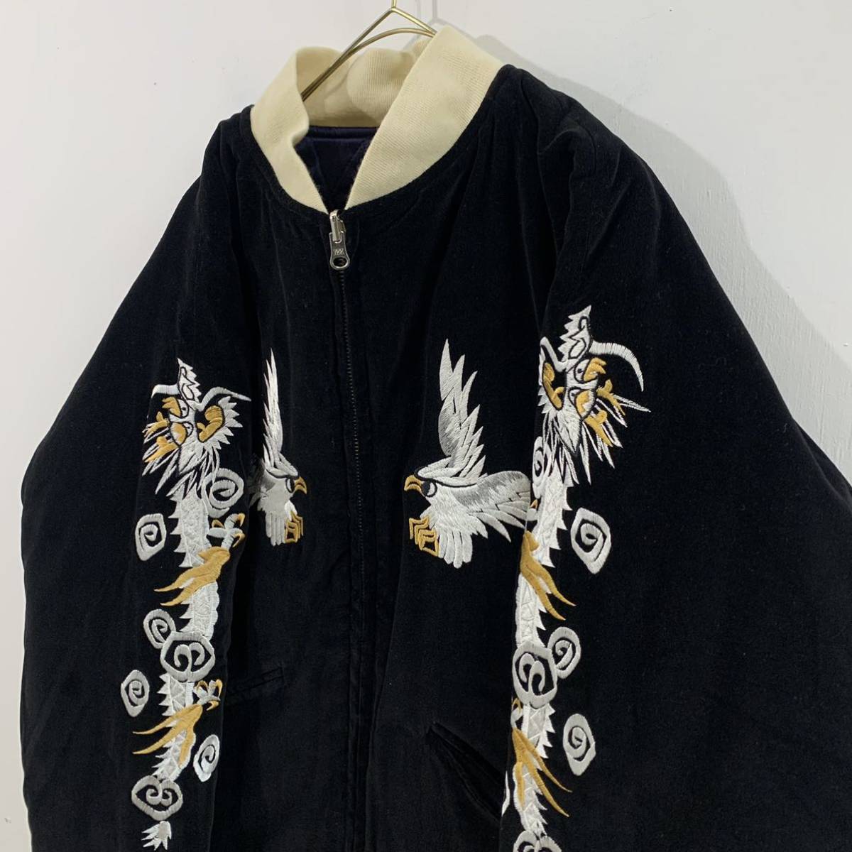ビンテージ スカジャン リバーシブル 別珍 ベロア 刺繍 鷹 鷲 龍 