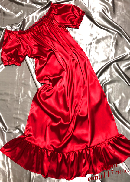 【お得，得価】 大きいサイズ メンズ様 超光沢サテン 超ツルツル 超すべすべ シャツ ブラウス＆スカート プリーツ ロング 清楚 女装 衣装 フェチ♥