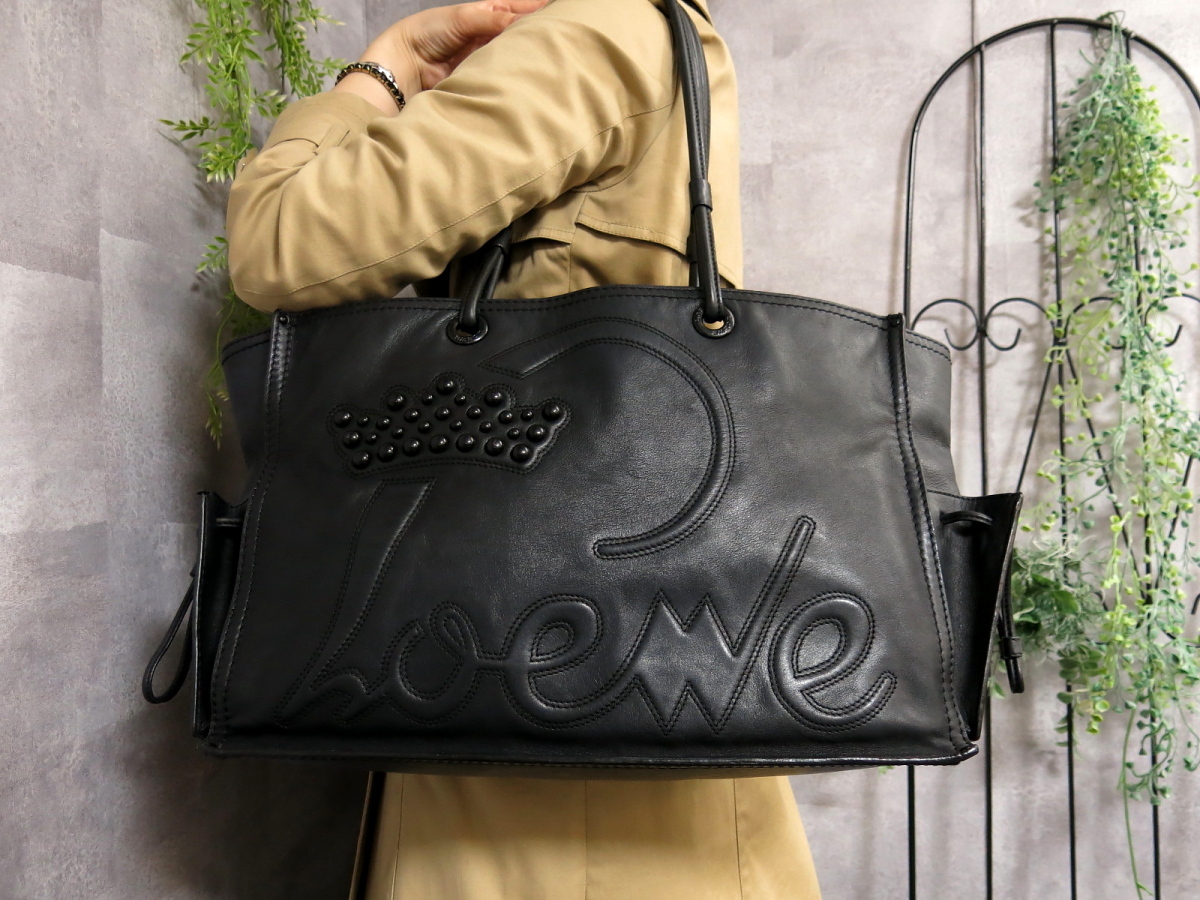 ロエベ LOEWE トートバッグ クラウン スタッズ ショッパー レザー 黒
