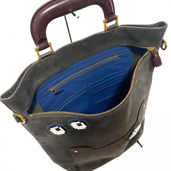 アニヤハインドマーチ Anya Hindmarch ハンドバッグ オルセットトップハンドル スエード×レザー グレー×ボルドー×マルチ ビジュー