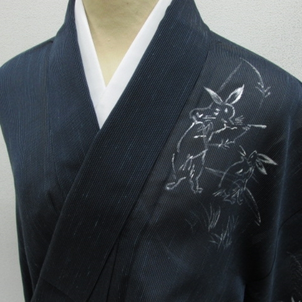 ★着物10★ 1円 絹 付下げ 夏物 ペイント 鳥獣戯画 兎 蛙 弓 遊び ウサギ 変える 縞 袷 身丈153cm 裄63cm [同梱可] ☆☆