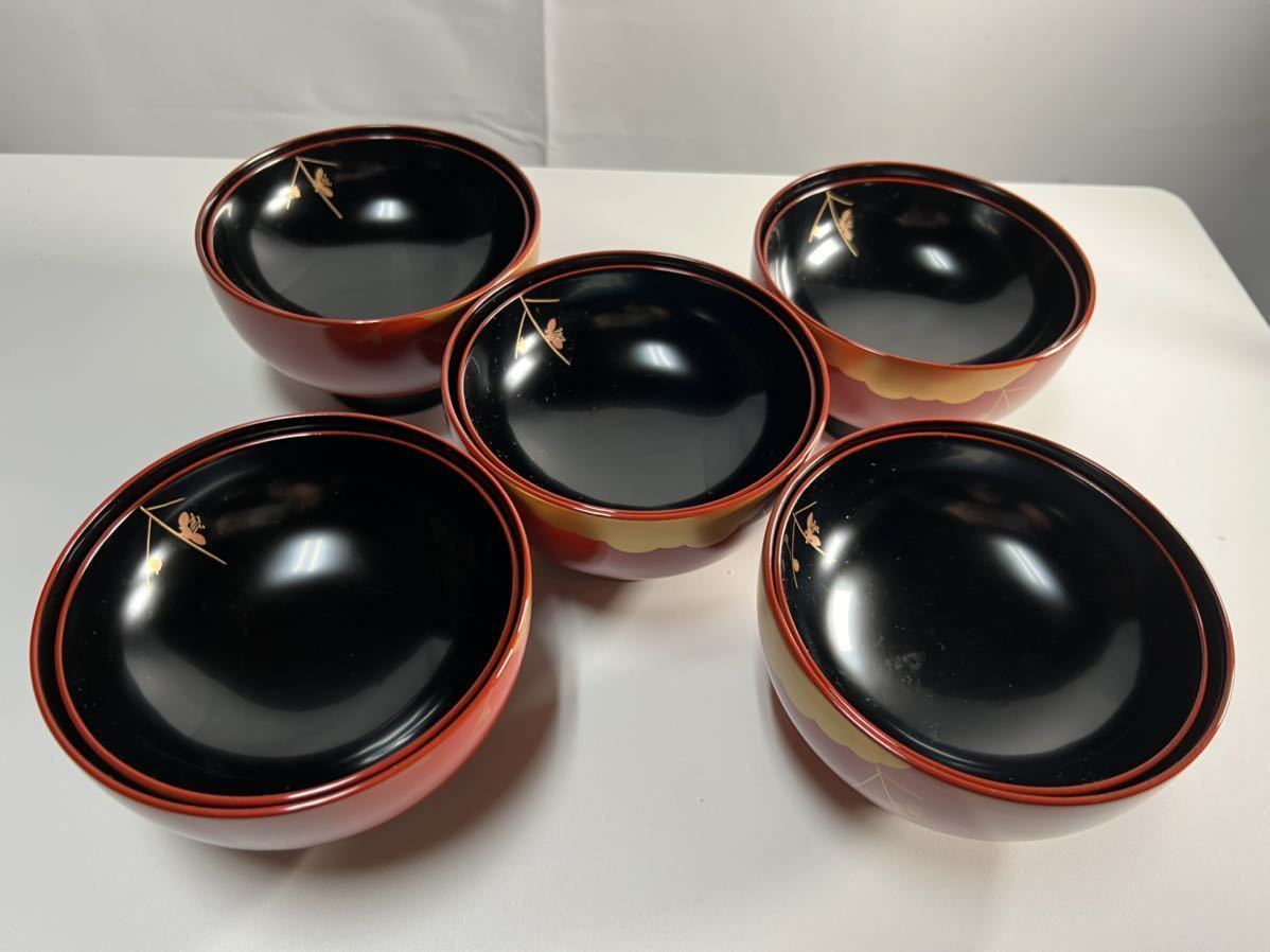 輪島塗 吸物椀 5客 蒔絵 箱付 5客セット 共箱 趣楽 忍草