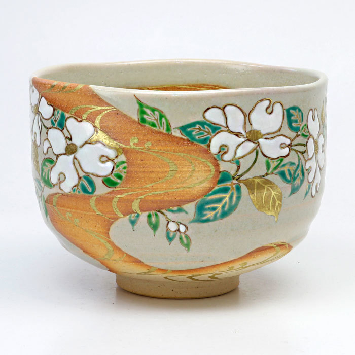 清水焼伝統工芸士 中村秋峰 抹茶碗 光琳水 花水木絵 桐箱・共布・経歴