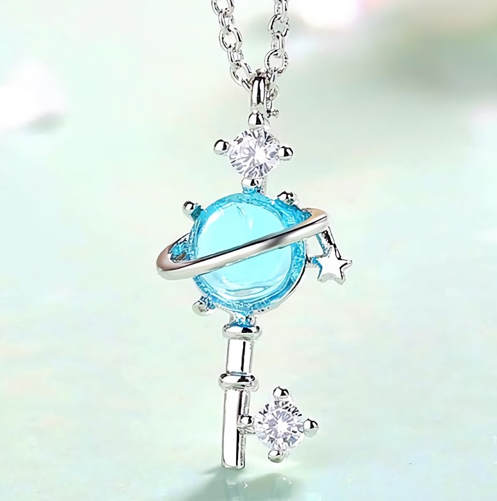 新品1円～☆送料無料☆鍵と土星ダイヤ藍玉アクアマリン プラチナ 