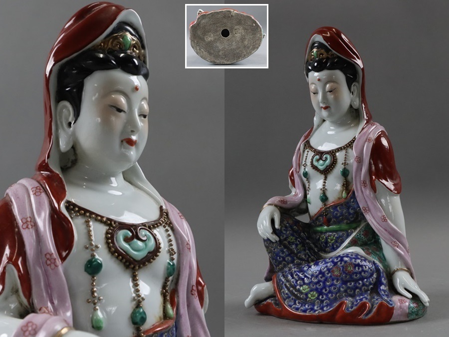 中国古玩 唐物 粉彩観音座像 置物 在銘 時代 色絵 什錦 古陶磁器 細密
