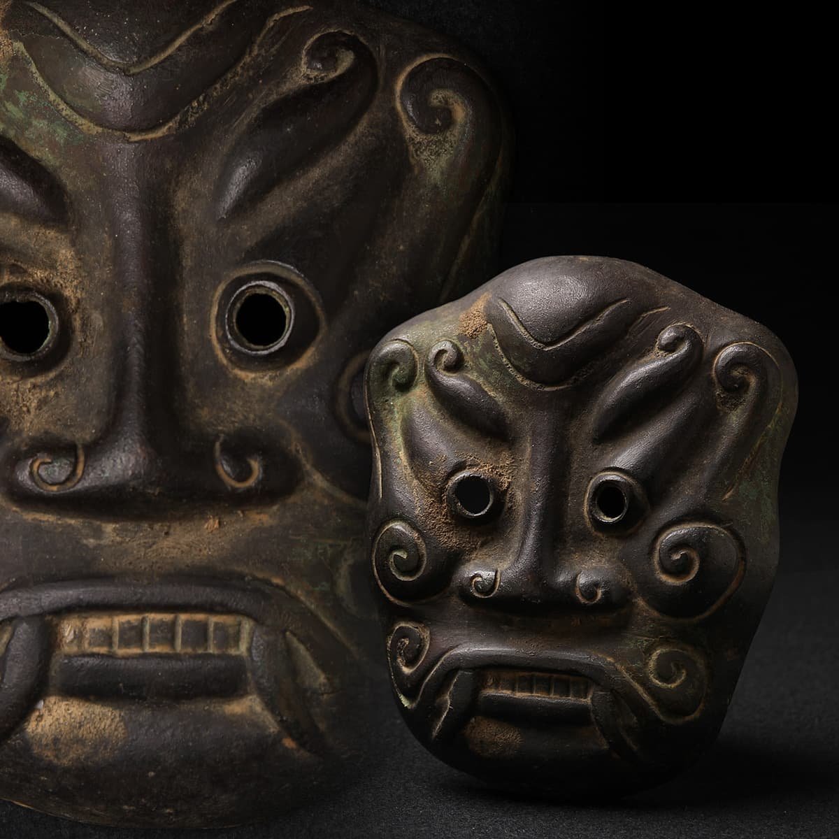 CK368 時代物 唐物 青銅 忿怒神面 縦14.5cm 重472g・青銅神面・青銅面