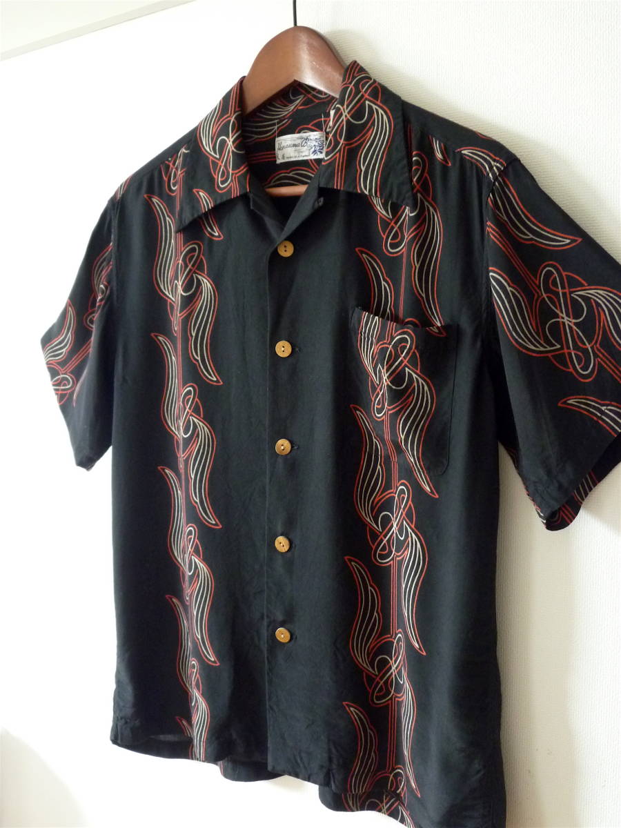 Hanauma Bay　アロハシャツ　レーヨン100％　バンブー釦〈 ピンストライプ模様 〉Mサイズ　ブラック　美品