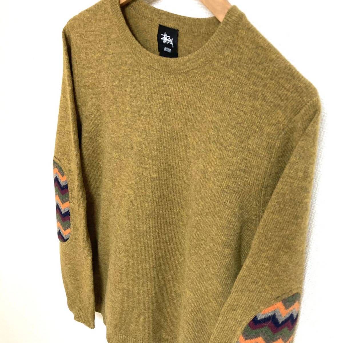STUSSY】ステューシー ニット セーター ラムウール100% エルボーパッチ 