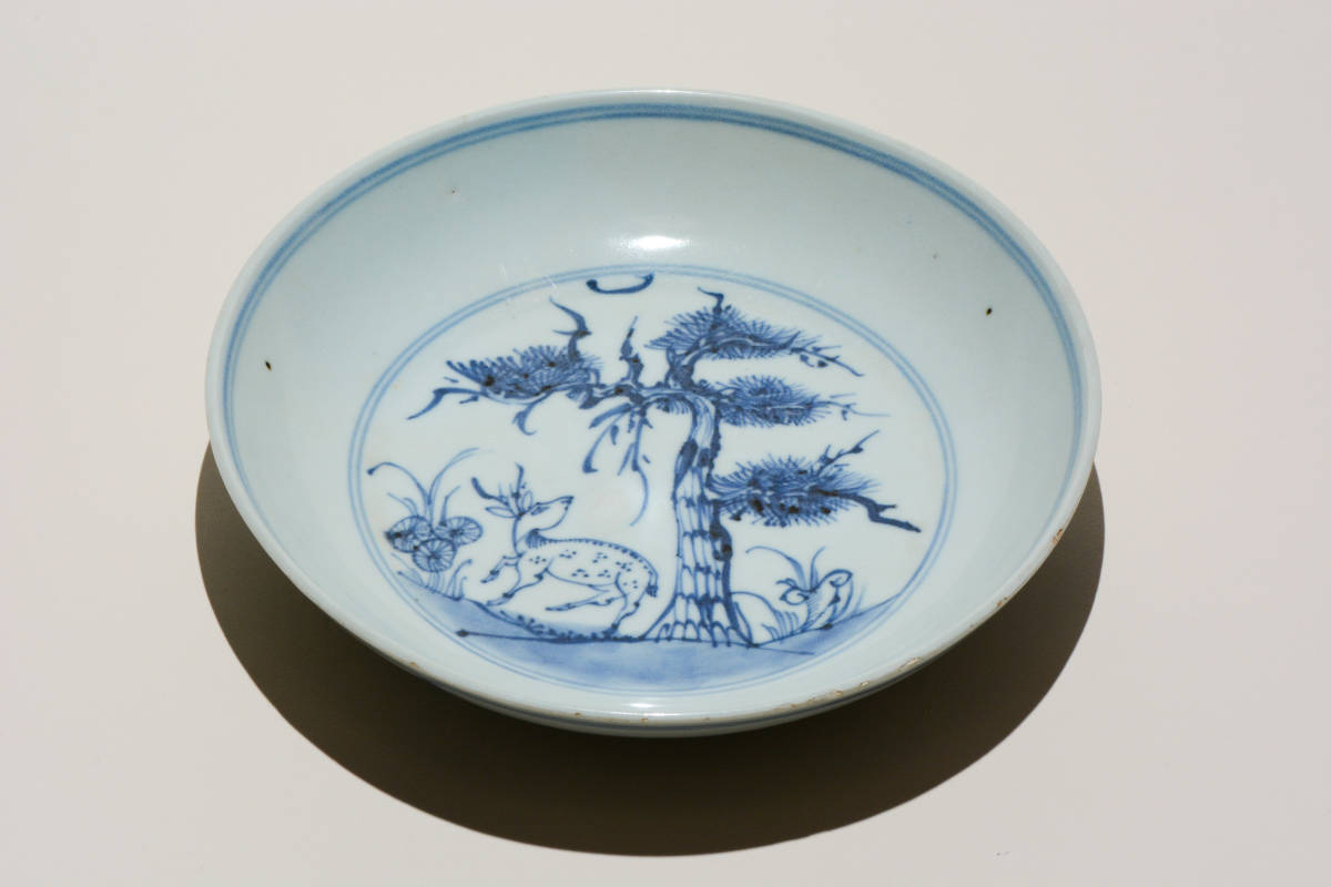 YH053　唐物　清時代 南京染付 松下鹿図 皿 箱付 菓子鉢 焼物 陶磁器 中国 骨董 古董 古美術
