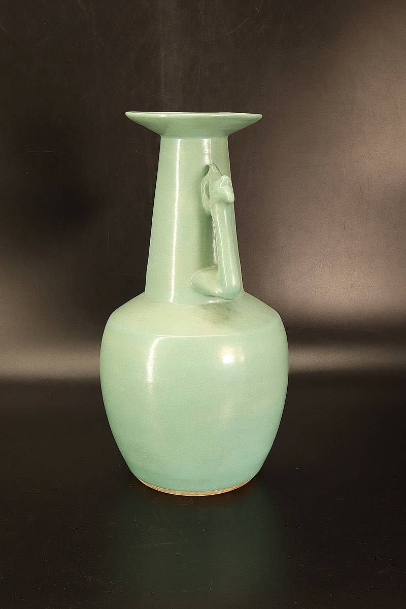萬古窯【 瑞山 造 】青磁鳳凰耳 花瓶 ◇ 青磁 煎茶道具 茶道具 華道具