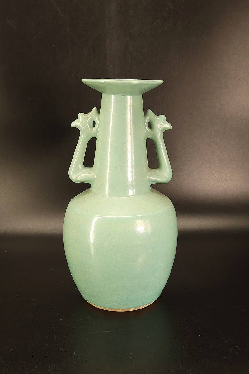 E*T様 実家整理 古い青磁の花瓶　中国？ 萬古窯【 瑞山 造 】青磁鳳凰耳 花瓶 ◇ 青磁 煎茶道具 茶道具 華道具