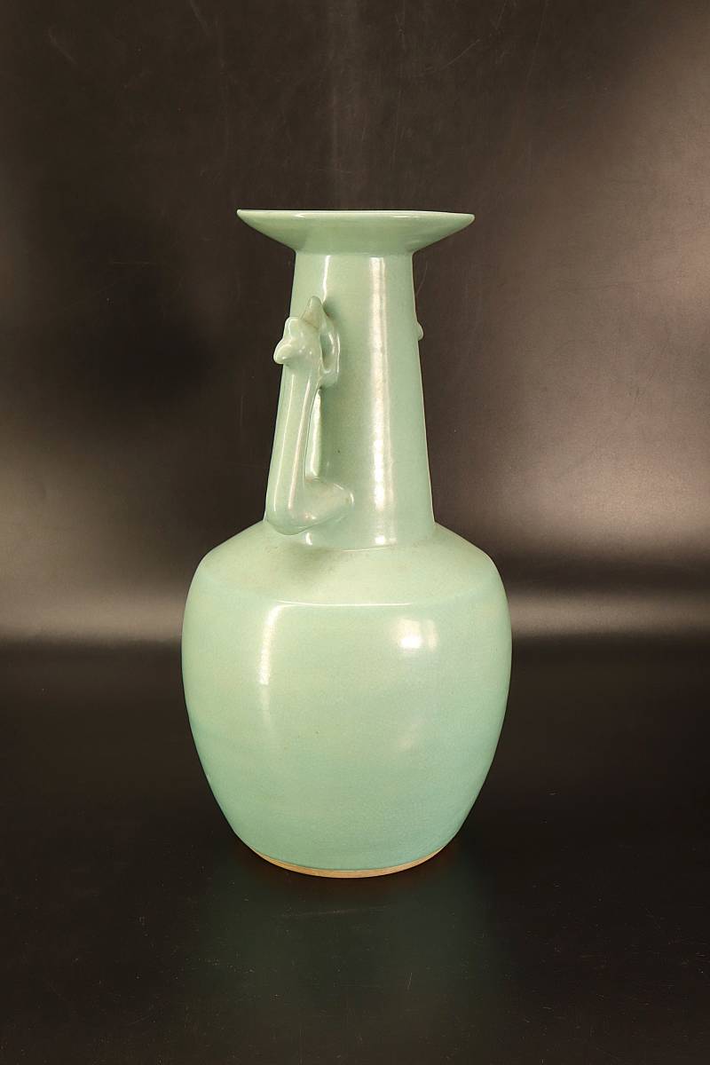 萬古窯【 瑞山 造 】青磁鳳凰耳 花瓶 ◇ 青磁 煎茶道具 茶道具 華道具