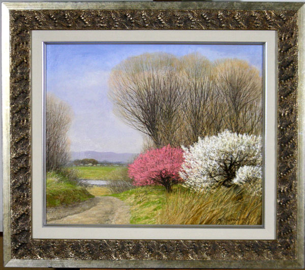 村山孝夫◎桃の花　春　信州◎茅葺屋根油彩原画ふるさとの風景 人気風景画家 村山孝夫 「武州春風」 油彩 新潟県(自然、風景画)｜売買