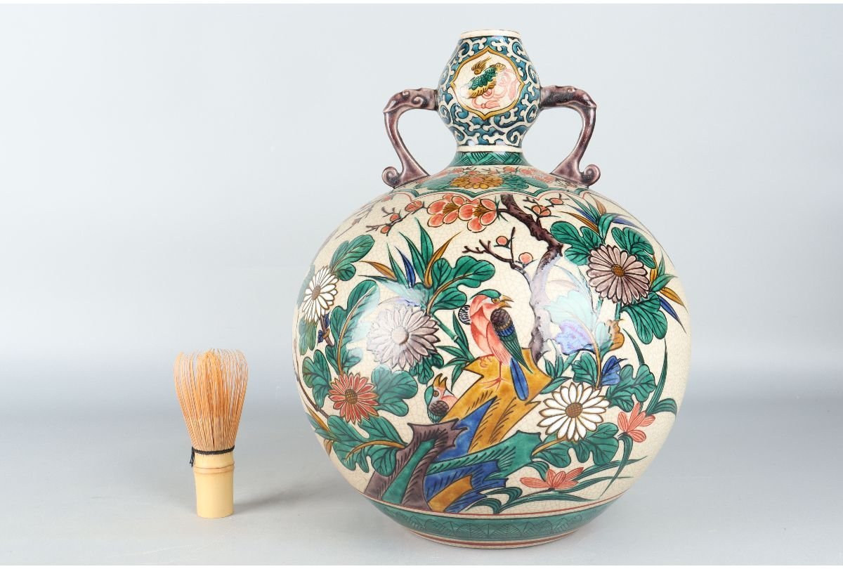 九谷焼 色絵花鳥図 花瓶 9.5号花瓶 瓢箪型花瓶｜九谷仙龍作｜昭和期