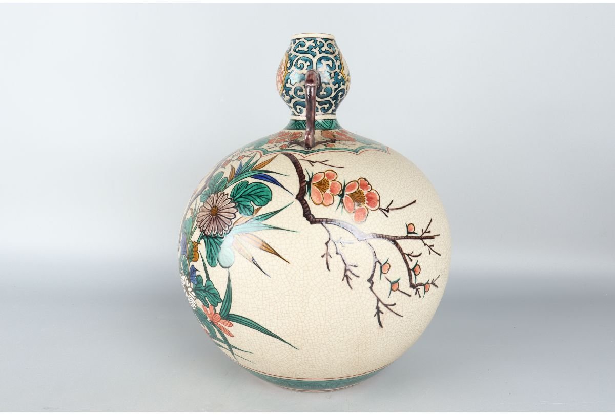 九谷焼 色絵花鳥図 花瓶 9.5号花瓶 瓢箪型花瓶｜九谷仙龍作｜昭和期