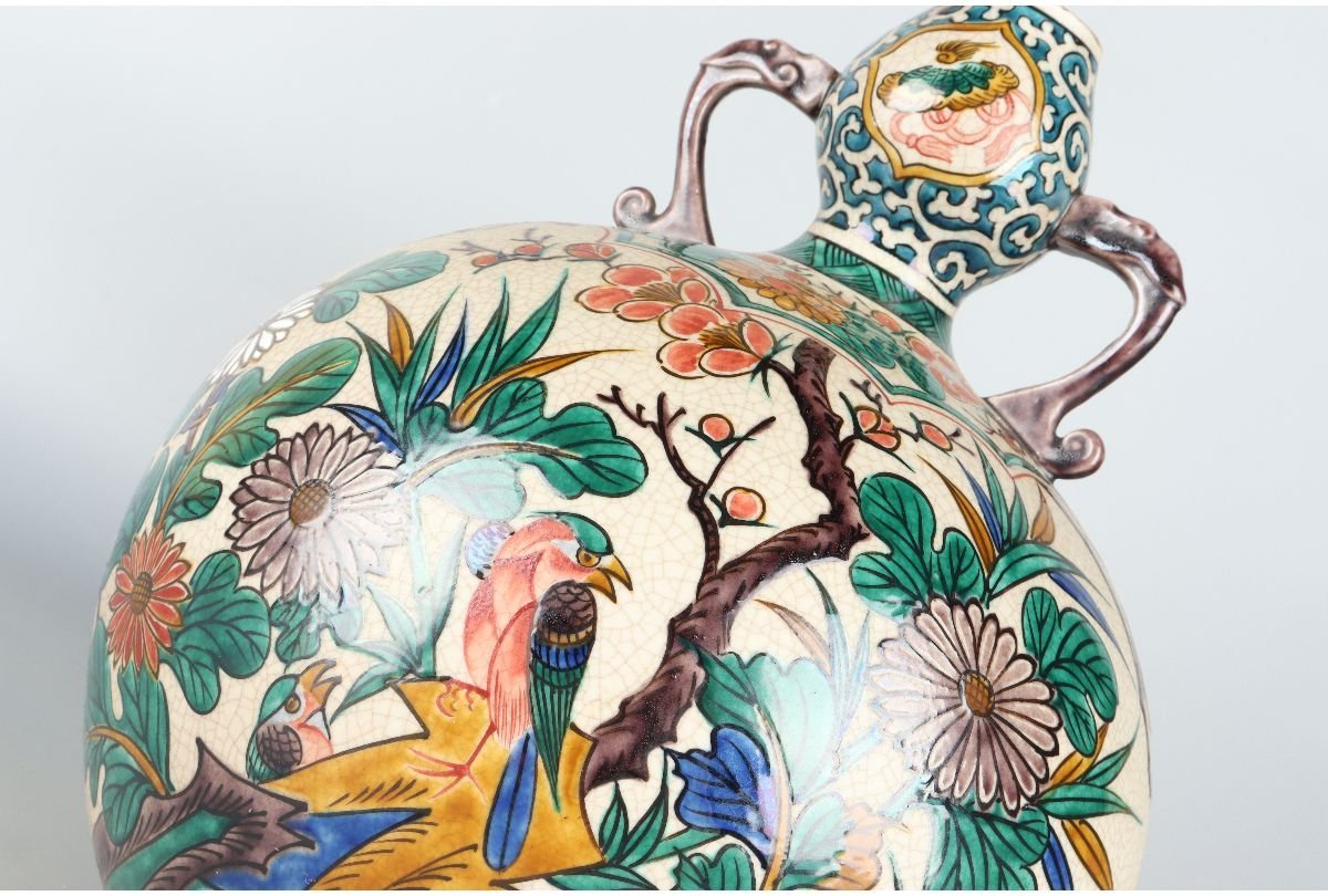九谷焼 色絵花鳥図 花瓶 9.5号花瓶 瓢箪型花瓶｜九谷仙龍作｜昭和期