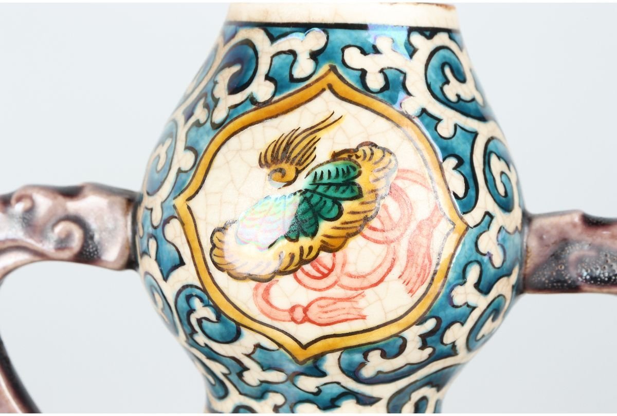 九谷焼 色絵花鳥図 花瓶 9.5号花瓶 瓢箪型花瓶｜九谷仙龍作｜昭和期
