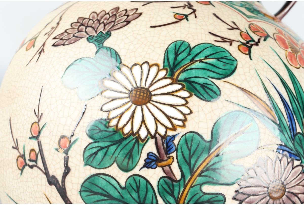 九谷焼 色絵花鳥図 花瓶 9.5号花瓶 瓢箪型花瓶｜九谷仙龍作｜昭和期