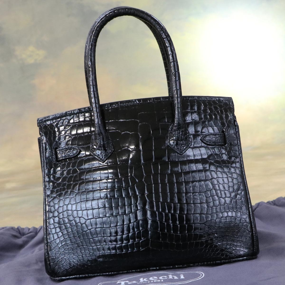 本物 極上品 タケチ 最高級クロコダイルレザー 鍵付きハンドバッグ SV  
