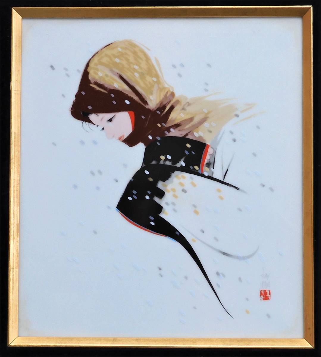 日本画家 岩田専太郎「雪」美人画 陶板 額装 IWATA SEN 人物画 美術品 