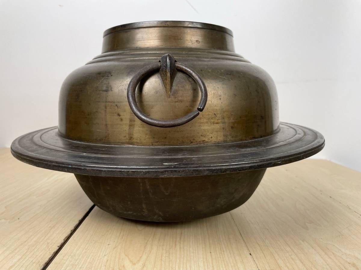 佐藤清光 真形羽釜 竹地紋 鐶付 茶釜 鉄製 銅蓋 茶道具 21cm 中古