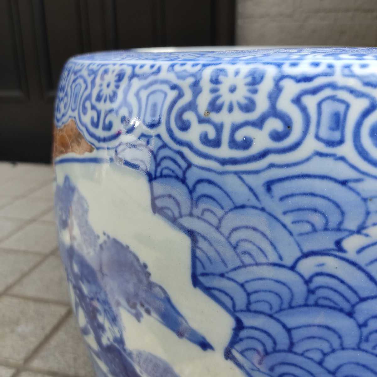 メダカ鉢 火鉢 染付双鶴山水文 睡蓮鉢 ◎ 時代物 有田焼 山本製 大火鉢