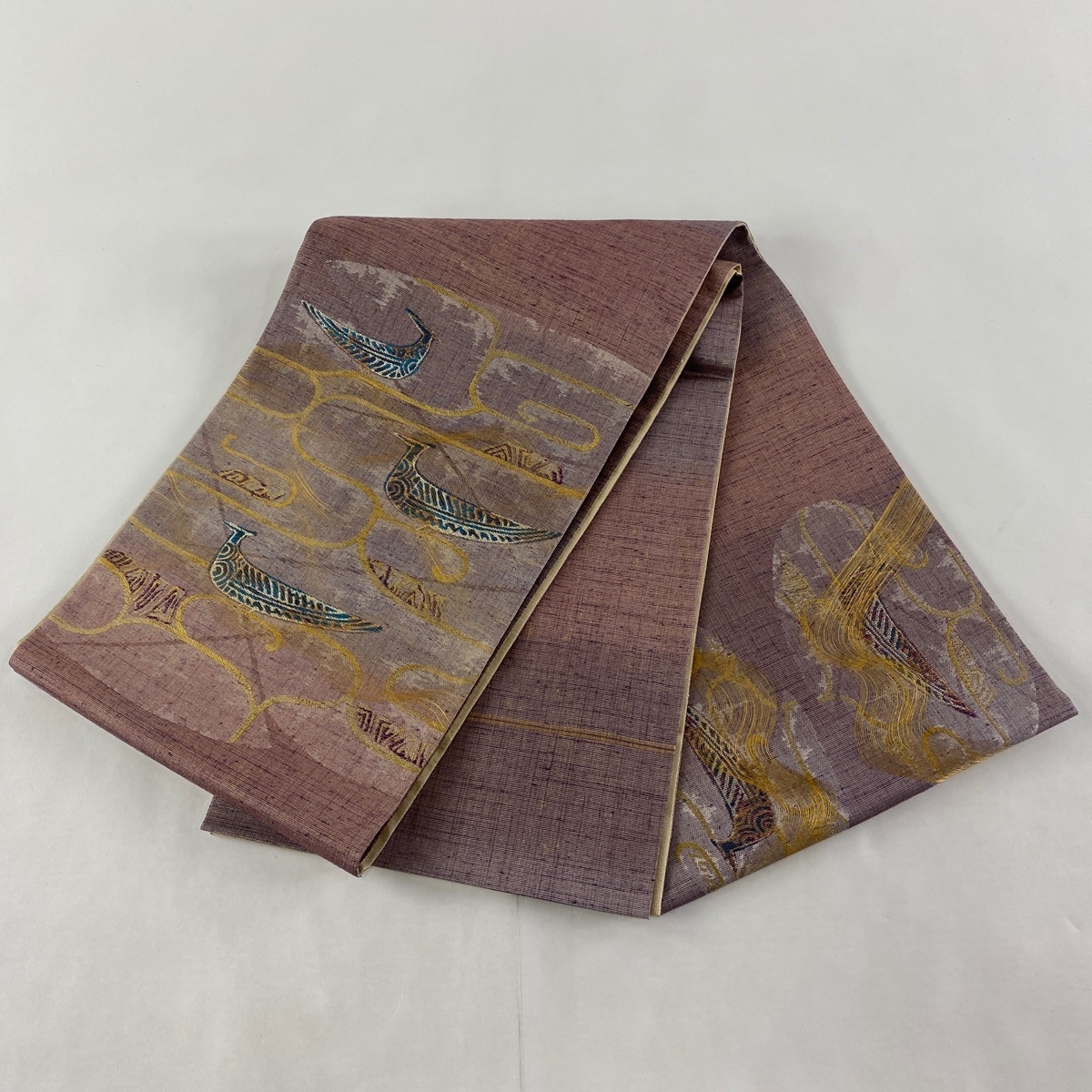 袋帯 美品 逸品 鳥 幾何学 金銀糸 紫 お太鼓柄 正絹 【中古】 ☆☆☆☆☆ 袋帯 お太鼓柄 美品 銀色 霞 灰色