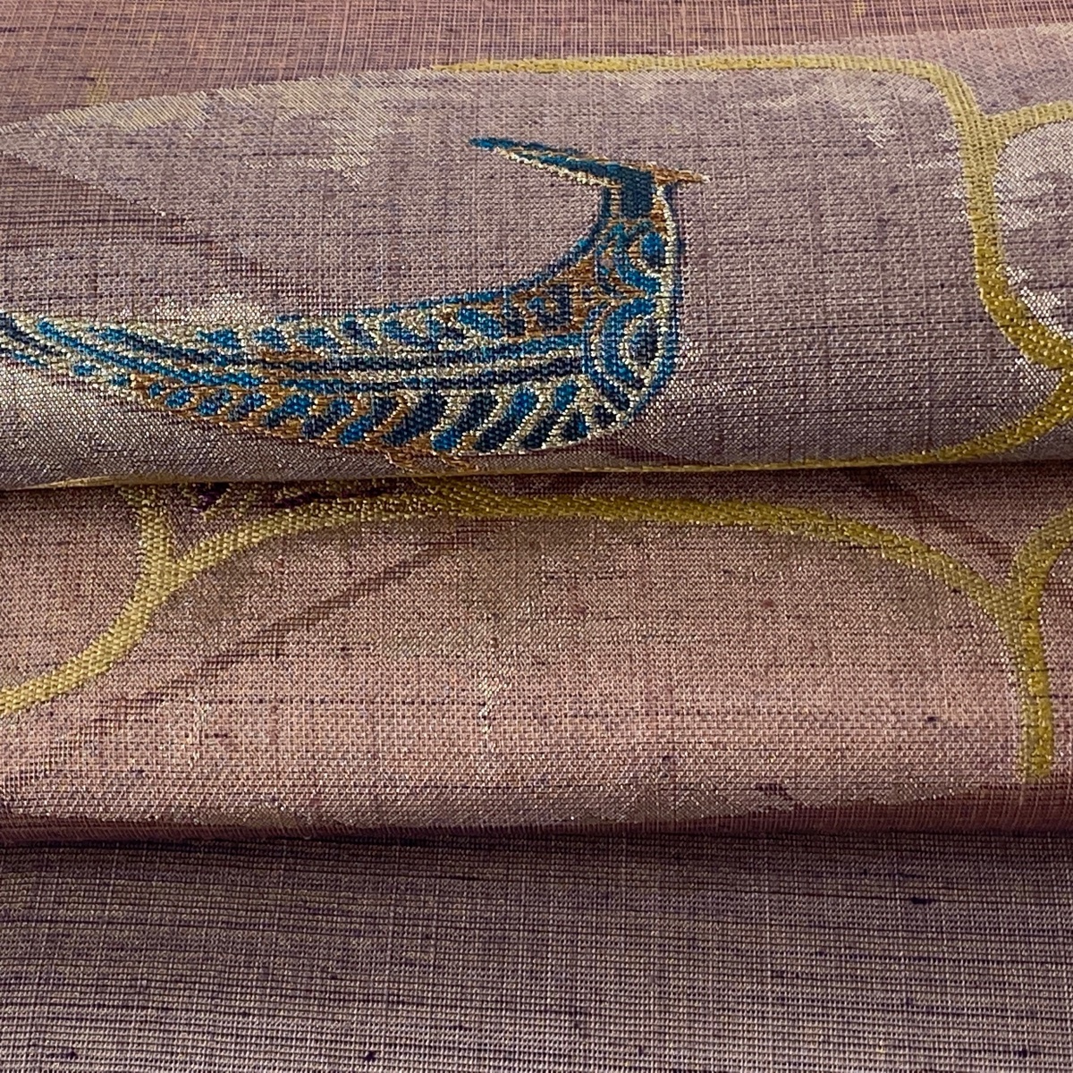 袋帯 美品 逸品 鳥 幾何学 金銀糸 紫 お太鼓柄 正絹 【中古】 ☆☆☆☆☆ 袋帯 お太鼓柄 美品 銀色 霞 灰色