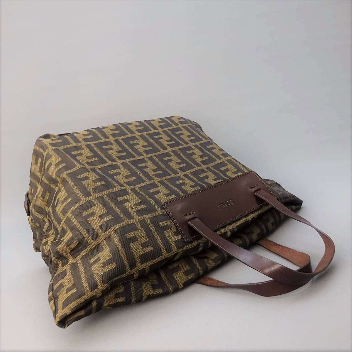 本物良品□フェンディ□ズッカキャンバス/ブラウンレザー□トート 
