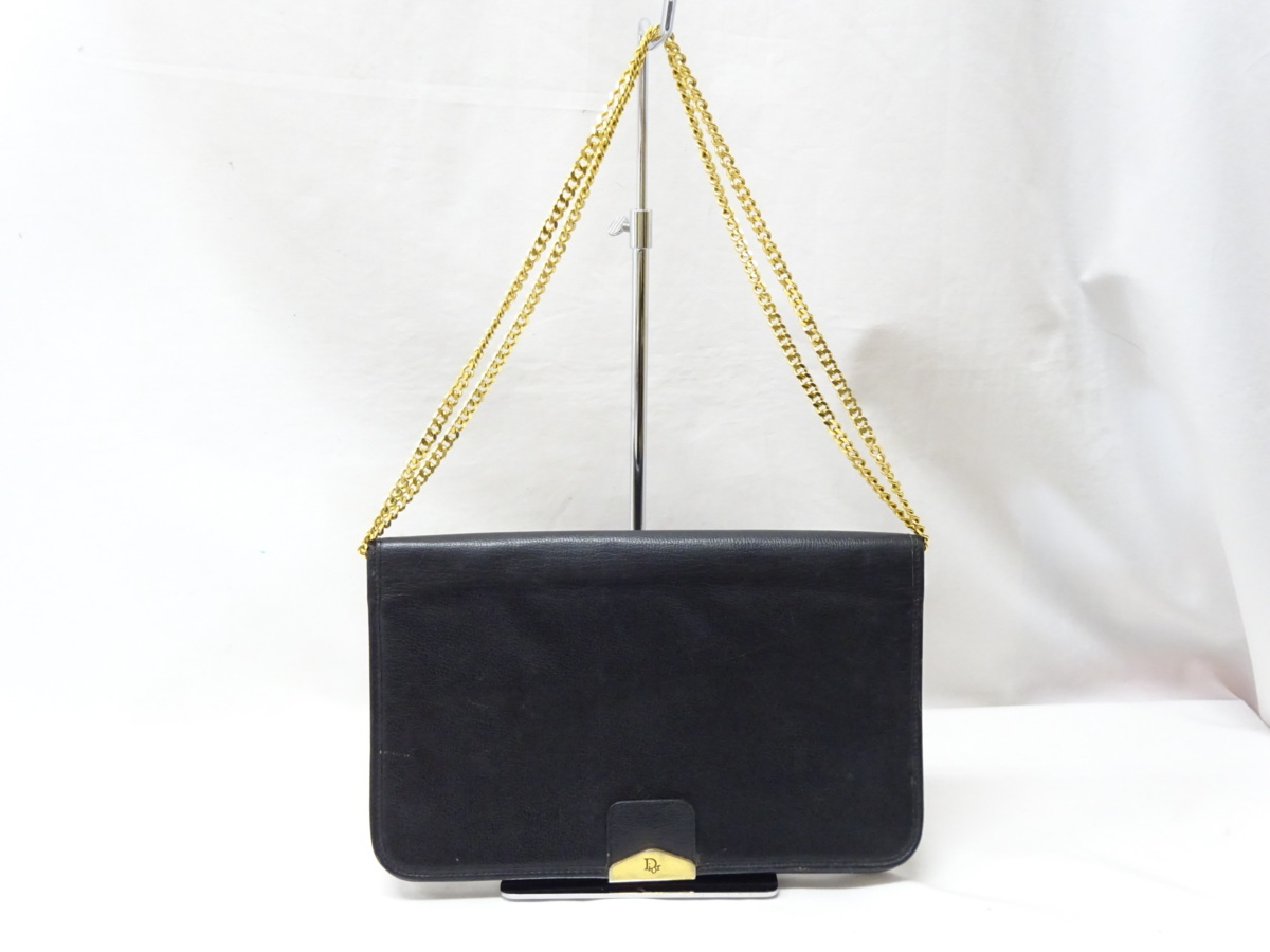ディオール Dior レザー ロゴ金具 チェーン ショルダーバッグ ブラック