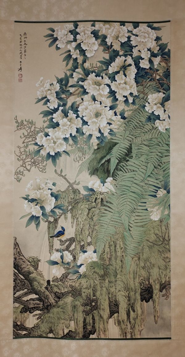 掛中国美術 近代の書画家 「張大千 花図」 書画立軸 張大千（中国の近
