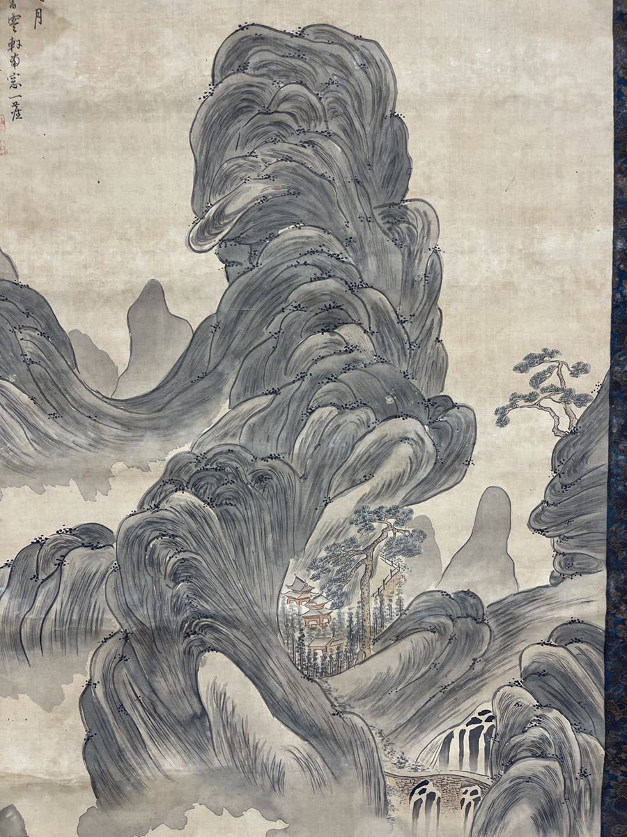 中国 日本 肉筆 山水 絹本 竹田生 C16 掛軸 