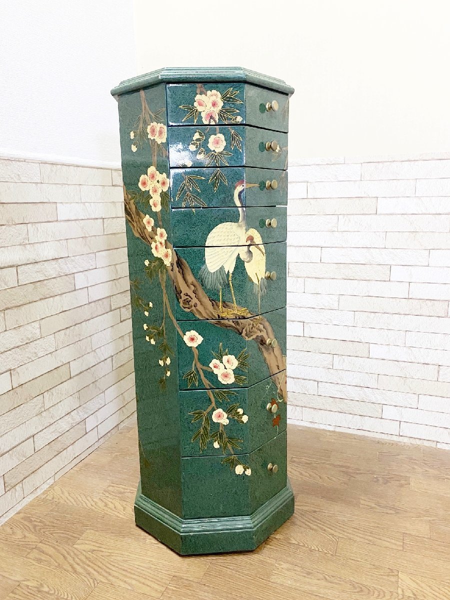 逸品/中国美術 花鳥文様図 8杯抽斗 八角型 チェスト/箪笥/引き出し