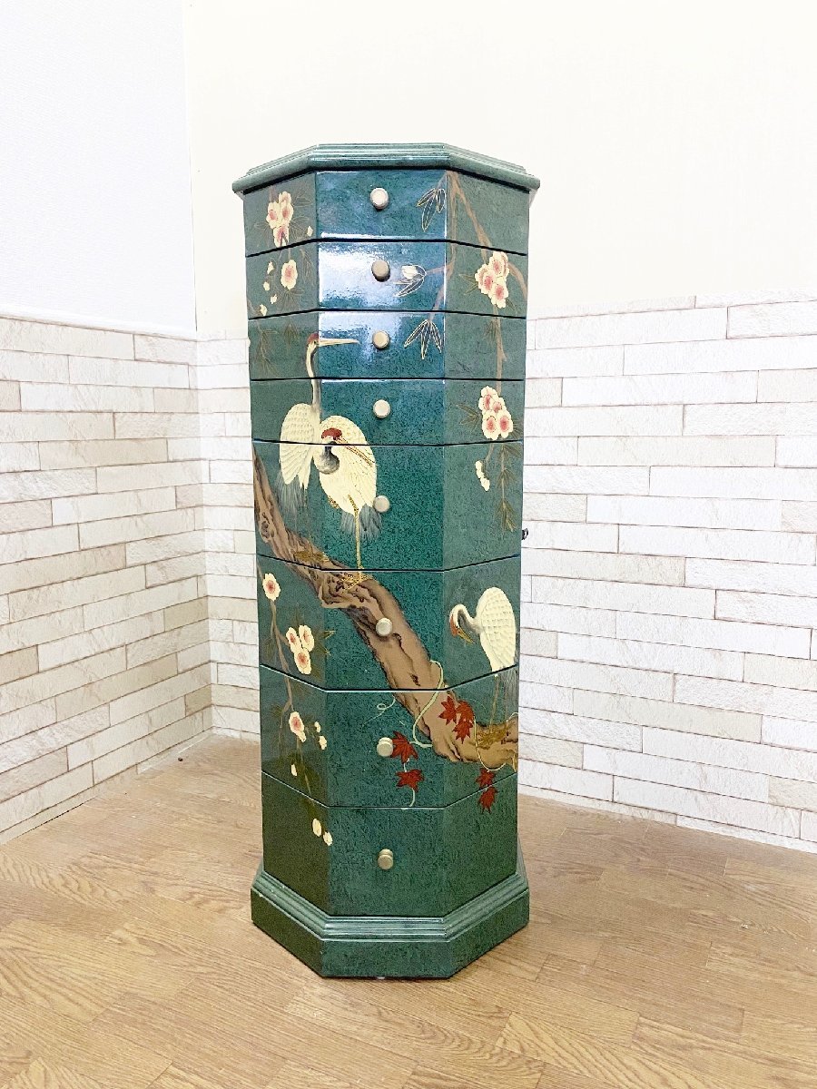 逸品/中国美術 花鳥文様図 8杯抽斗 八角型 チェスト/箪笥/引き出し